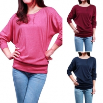 Casual Style Solid Color Round Neck Long Sleeve Relaxed Tops
