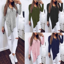 Fashion Solid Color Front Lace-up Long Sleeve Side Slit Irregular Hemline T-shirt