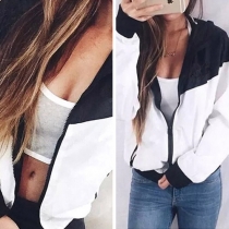 Avslappnad Stil Kontrastfärg Fram Dragkedja Långärmad Hoodie Jacka