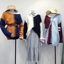 Fashion Contrast Color V-neck Long Sleeve Relaxed Sweater