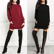 Casual Style Solid Color Round Neck Long Sleeve Side Slit Dress