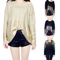 Fashion Bronzing Round Neck Bat Sleeve High-low Hemline Relaxed Knit Sweater