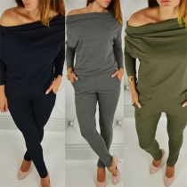 Casual Style Solid Color 2 Side Pockets Off Shoulder Long Sleeve Jumpsuit