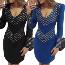 Sexy Beaded V-neck Long Sleeve Slim Fit Dress