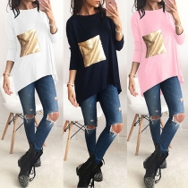 Fashion Sequin Spliced Round Neck Long Sleeve High-low Hemline Tops