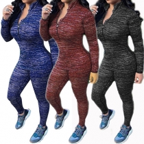 Sexy Solid Color Front Zipper Long Sleeve Slim Fit Sports Suit