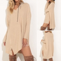 Fashion Solid Color V-neck Long Sleeve Side Zipper Asymmetrical Hemline Relaxed Dress