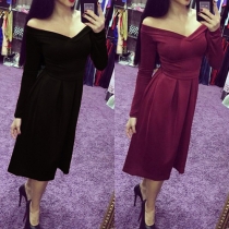 Elegant Solid Color Off Shoulder V-neck Long Sleeve Gathered Waist Dress