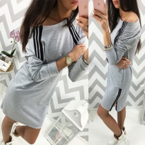 Casual Style Oblique Shoulder Long Sleeve Side Zipper Stripes Spliced Dress