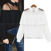 Sexy Solid Color Gauze Spliced See-through Lapel Long Sleeve Tassel Chiffon Tops