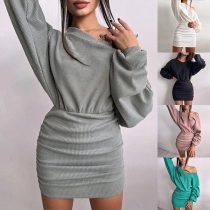 Sexig enfärgad off-shoulder fladdermusärm midjesamlad klänning