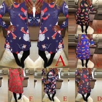 Cute Style Printed Round Neck Long Sleeve Dress
