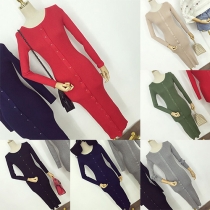Sexy Solid Color Single-breasted Round Neck Long Sleeve Slim Fit Knit Dress