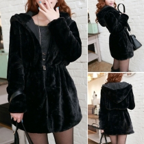 Fashion Solid Color Front Zipper Long Sleeve Hooded Gathered Waist Trench Coat