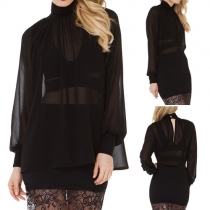 Sexy Solid Color Gauze Spliced See-through Turtleneck Lantern Sleeve Relaxed Chiffon Tops