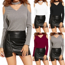 Sexy Solid Color Choker Neckline V-neck Cold Shoulder Long Sleeve Tops