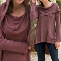 Casual Style Solid Color Long Sleeve Hooded High-low Hemline Knit T-shirt