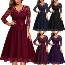 Elegant enfärgad spets detaljerad ihålig rund hals långärmad oversized klänning
