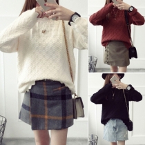 Trendy Solid Color Round Neck Long Sleeve Loose-fitting Wave Knit Sweater