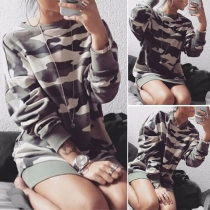 Fashion Round Neck Long Sleeve Relaxed Camouflage Sweatshirt Dress