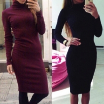 Concise Style Solid Color Turtleneck Long Sleeve Slim Fit Dress