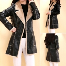 Fashion Lapel Long Sleeve Single-breasted Gathered Waist Women's PU Trench Coat