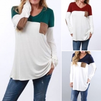 Casual Style Contrast Color Pocket Spliced V-neck Long Sleeve T-shirt