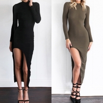 Sexy Solid Color Turtleneck Long Sleeve Irregular Hemline Slim Fit Dress