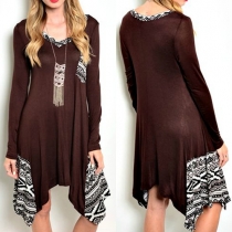 Fashion Printed V-neck Long Sleeve Irregular Hemline Relaxed Dress