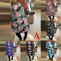 Cute Style Hat Santa Claus Printed Round Neck Long Sleeve Dress