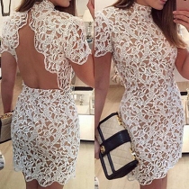 Sexy Solid Color Turtleneck Short Sleeve Backless Hollow Out Lace Dress