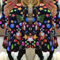 Fashion Santa Claus Stars Printed Round Neck Long Sleeve Dress