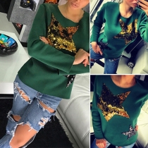 Fashion Pentagram Sequin Spliced Round Neck Long Sleeve Sweatshirt