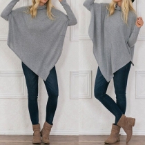 Trendy Solid Color Turtleneck Bat Sleeve Irregular Hemline Relaxed Cloak