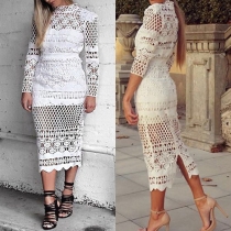 Sexy Solid Color Long Sleeve Back Slit Hollow Out Gathered Waist Dress