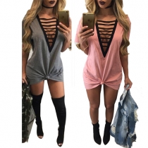 Sexy Deep V-neck Hollow Out Short Sleeve Front Knotted Dress