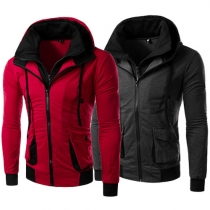Stylish Contrast Color Double-layer Zipper Long Sleeve Hooded Men's Sweatshirt Coat