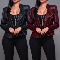 Fashion Solid Color Lapel Long Sleeve Slim Fit PU Biker Jacket