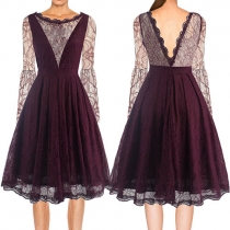Elegant Solid Color Round Neck Bell Sleeve V Back Hollow Out Lace Dress