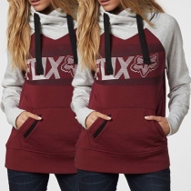 Casual Style Contrast Color Printed Front Pocket Hooded Long Sleeve Sweatshirt