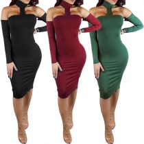 Sexy Solid Color Off Shoulder Backless Long Sleeve Back Slit Halter Dress