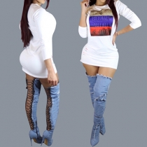 Casual Style Long Sleeve Round Neck Printed Dress