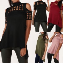 Sexy Solid Color Cold Shoulder Turtleneck Short Sleeve Hollow Out Back Slit T-shirt