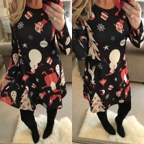 Cute Style Snowman Christmas Tree Printed Round Neck Long Sleeve Dress