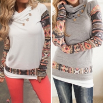 Stylish Printed Long Sleeve Oblique Buttons Pile Collar Women's Sweatshirt