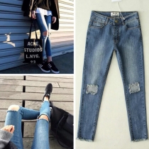 Fashion Zip Fly High Waist Knee Holes Slim Fit Women's Jeans