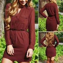Fashion Solid Color V-neck Long Sleeve Gathered Waist Dress