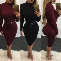 Stylish Solid Color Long Sleeve Double Pocket Gathered Waist Dress