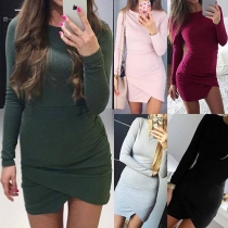 Fashion Solid Color Round Neck Irregular Hemline Slim Fit Dress