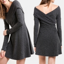 Sexy Solid Color Front Crossover V-neck Off Shoulder Long Sleeve Knit Dress